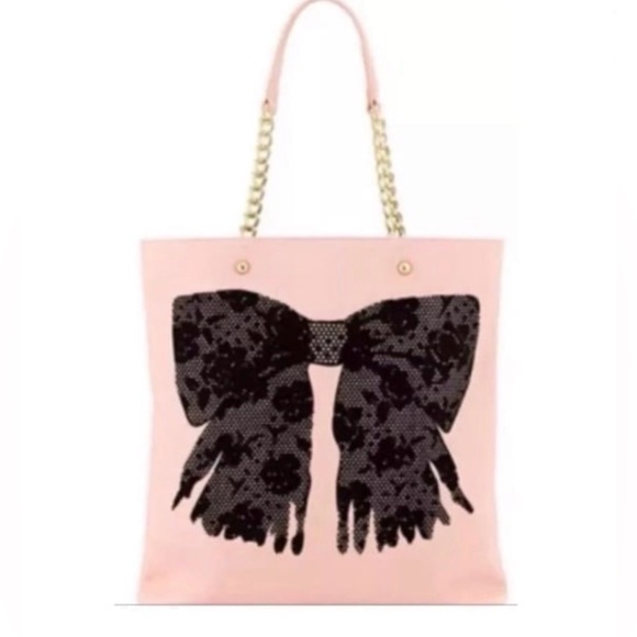 Betsey Johnson Pink Tote with Black Lace Bow - Picture 3 of 11
